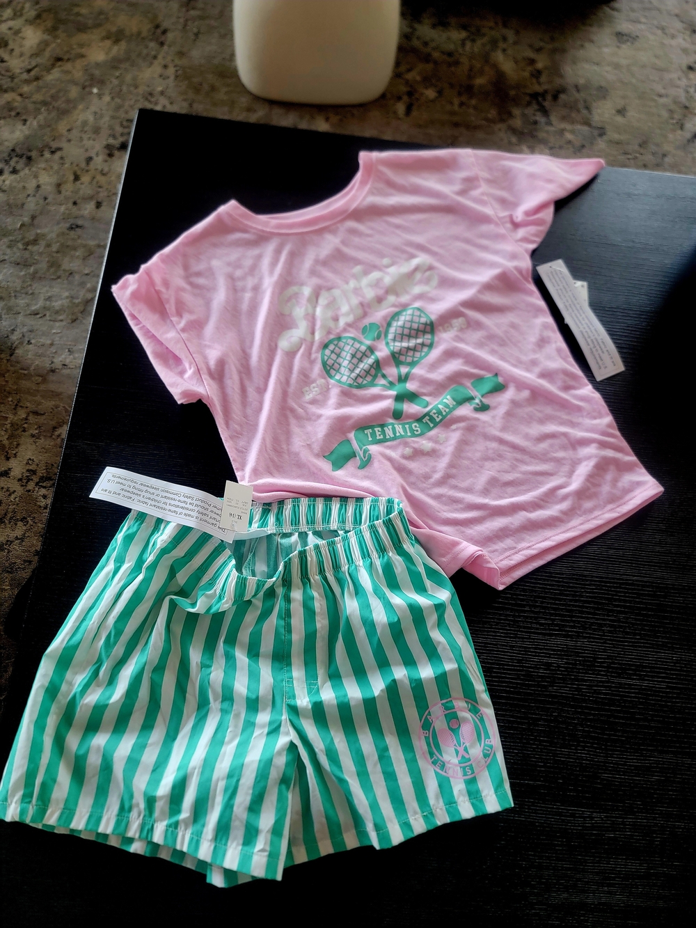 Barbie Pink Tee with Green Striped Tennis Shorts Pajama Set Size XL (14)